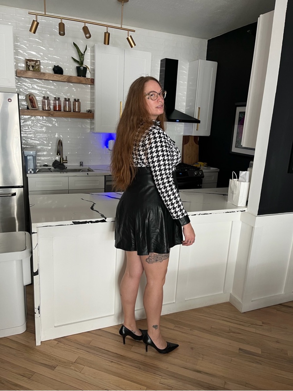Houndstooth Faux Leather dress- Black & White.